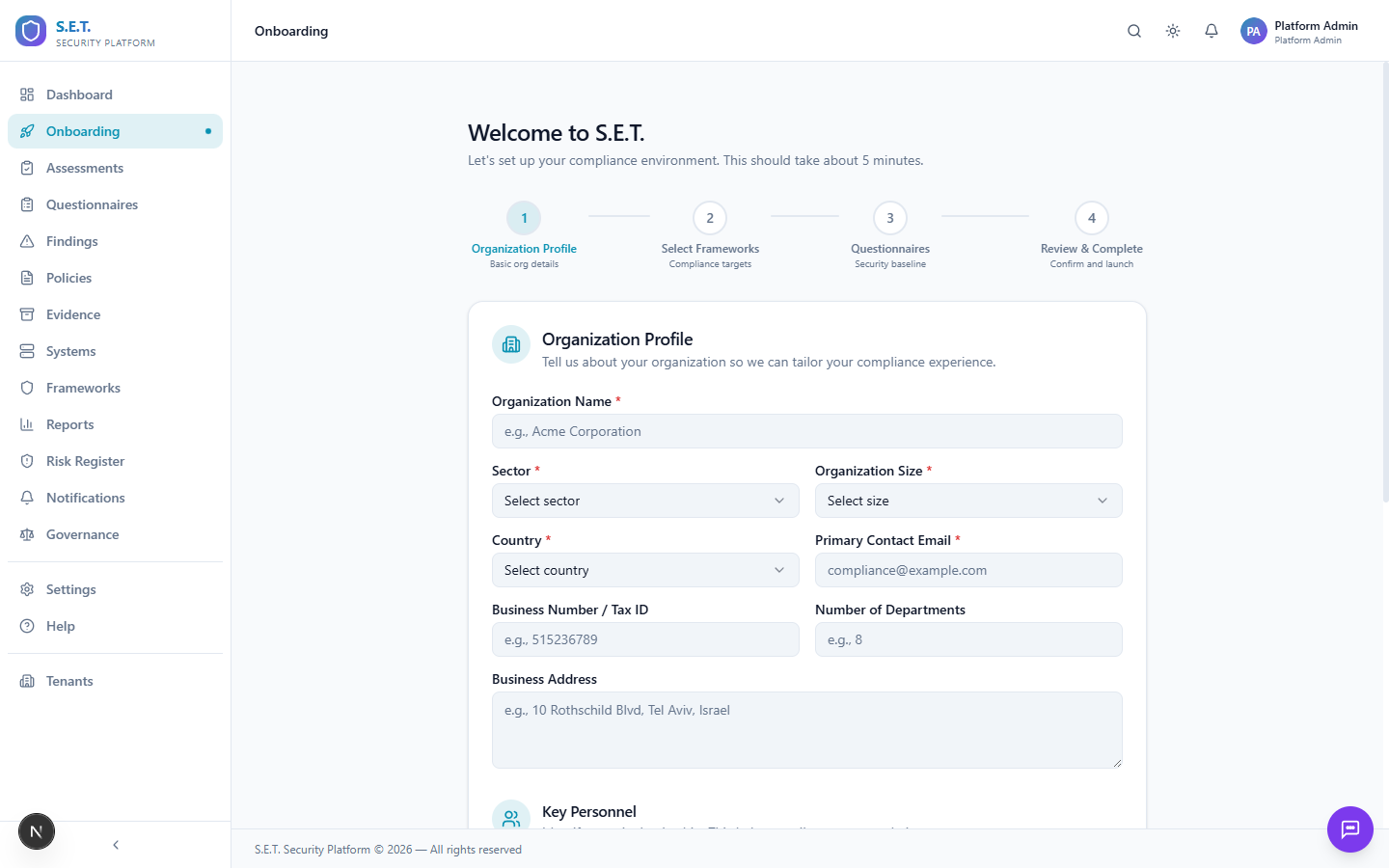 S.E.T. onboarding wizard — welcome screen with guided setup