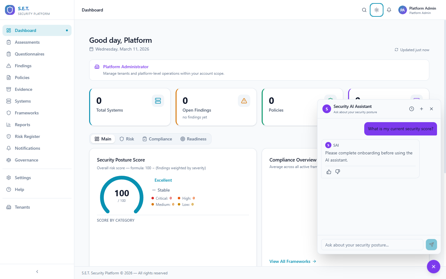 S.E.T. dashboard with SAI chat assistant