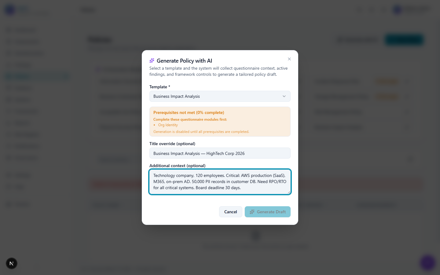 S.E.T. AI policy generator modal